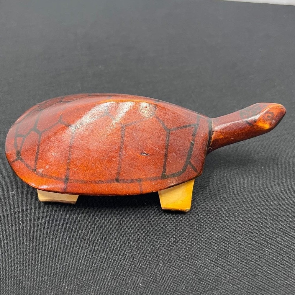 Vintage Hand Carved Wooden Turtle Figurine Folk Art Brown Painted Shell 5 Inch